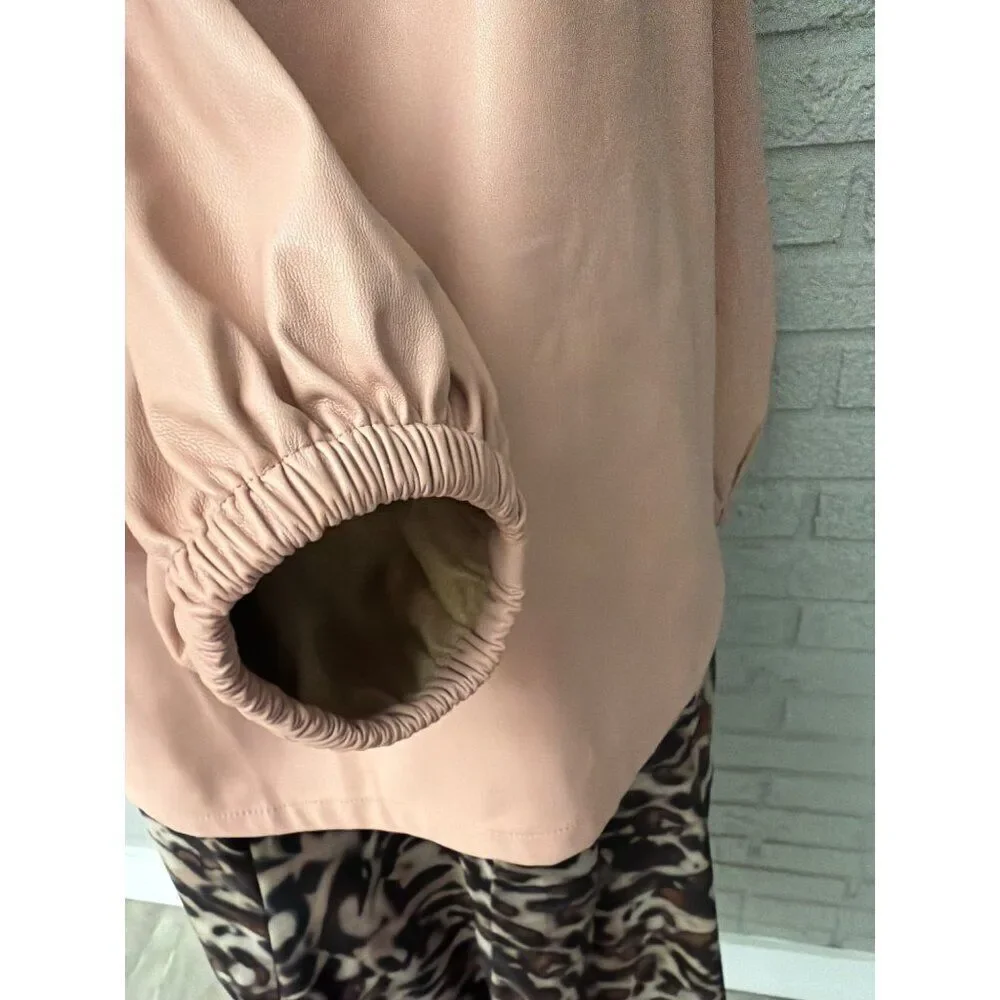 J. Crew Women’s Puff Sleeve Open Back Blush Faux Leather Top Size 14